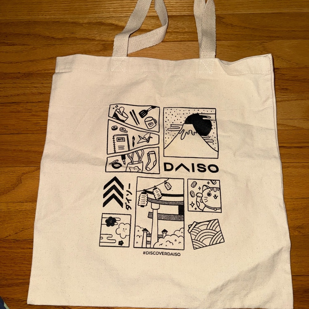 Daiso Cream Canvas Tote with Black Graphic Panels